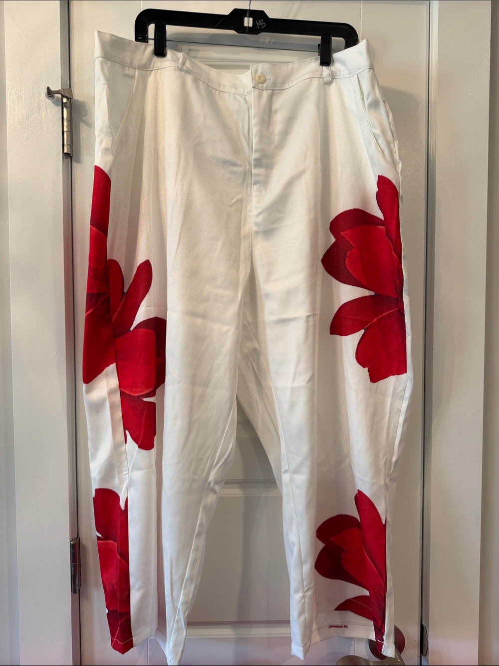 White Pants with Red Floral Print - Women's Stylish Trousers